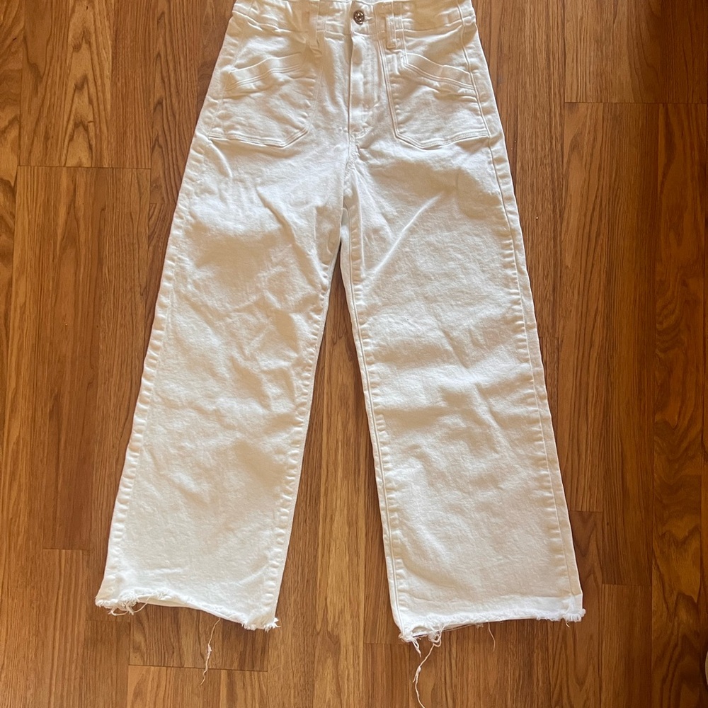 PAIGE cream cropped/frayed pants